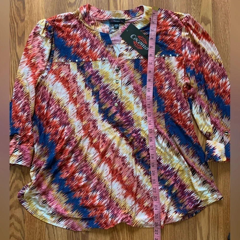 COCOMO XL Red Blue Yellow 3/4 sleeve women’s Pintuck Blouse top shirt tu…